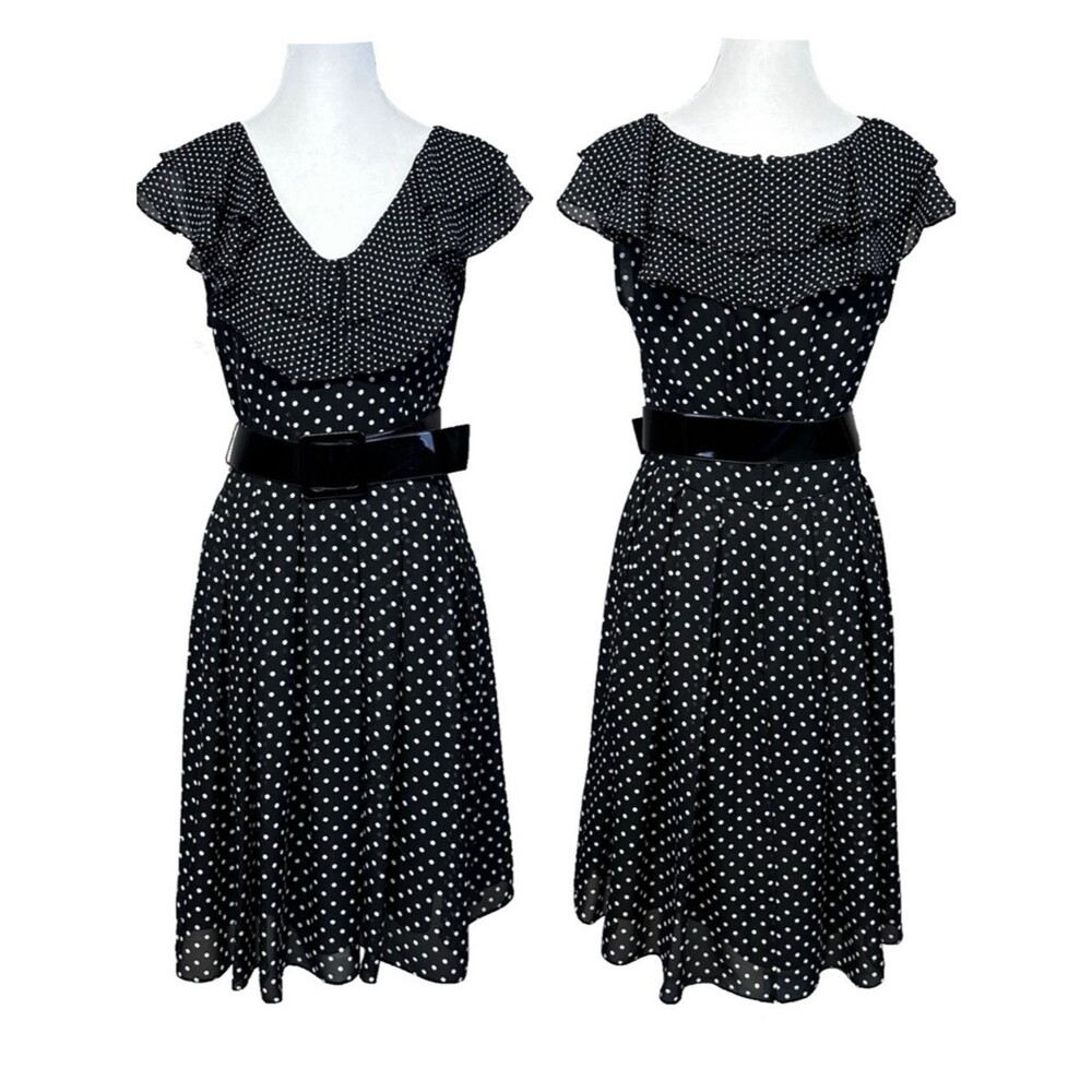 Adrianna Papell Polka Dot Belted Ruffle Chiffon Midi Dress 8 Rockabilly Office